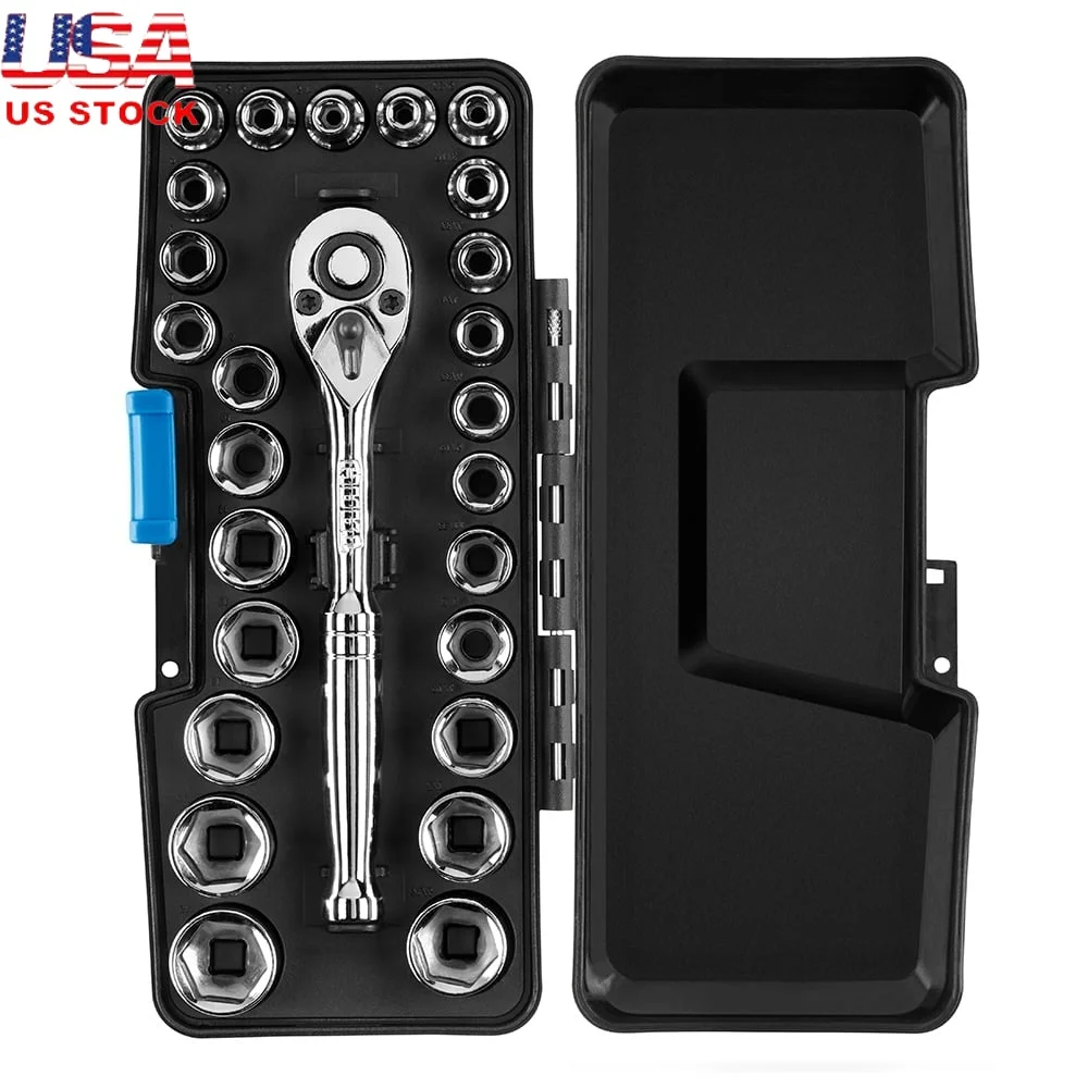 

Набор инструментов для механики с приводом 1/4 дюйма, 26 предметов, хромированная отделка, 90-зубчатая трещотка, быстросъемный, устойчивый к ржавчине портативный чехол-органайзер