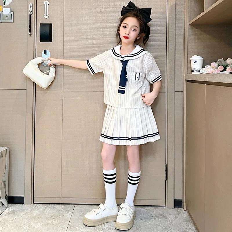 

Girls' JK Uniform , Children's Clothing, College Style, Summer Primary School Students, Navy Collar, Pleated Skirt Two-Piece