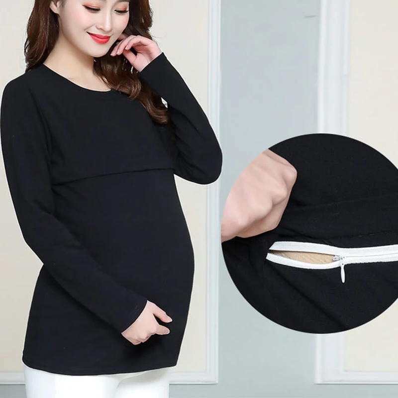 

Maternity Postpartum Nursing Knit Bottoming Shirt Spring Autumn Top Invisible Feeding Mouth With Zipper Nursing Clothing