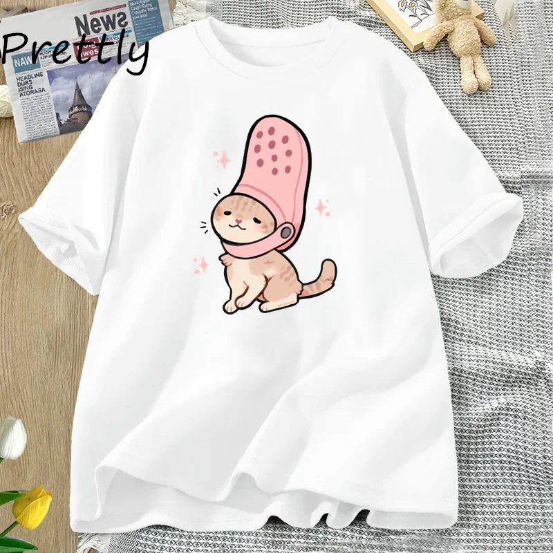 Jibbitz Cat Funny Graphic T Shirts Cute Cat Tshirt Women Casual Short Sleeve Round Neck Tee Unisex Cotton T Shirt Woman Clothing