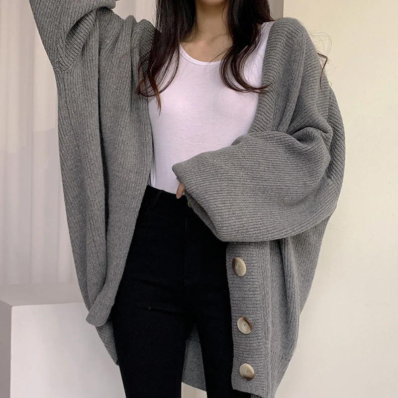

Casual Loose Cardigan Autumn Winter Women Sweater V-neck Grey Fit Knitted Coat Korean Fashion Lantern Sleeve Simple Clothing