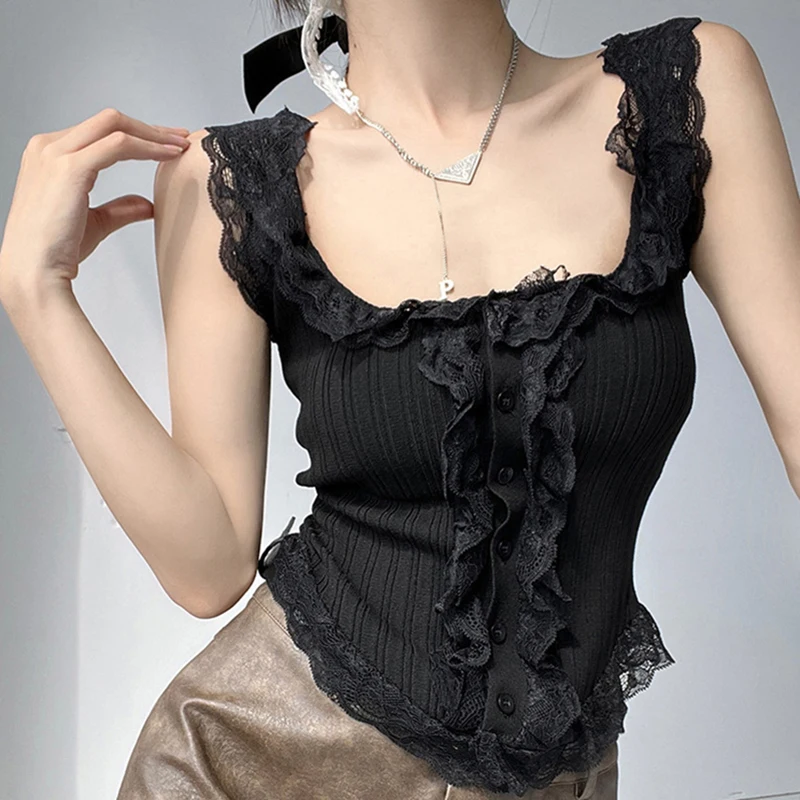 Sexy All-match Simple Lace Stitching Chic Tank Tops For Women Girls Fashion Sweet Casual Slim Fit Short Sleeveless Tank Tops