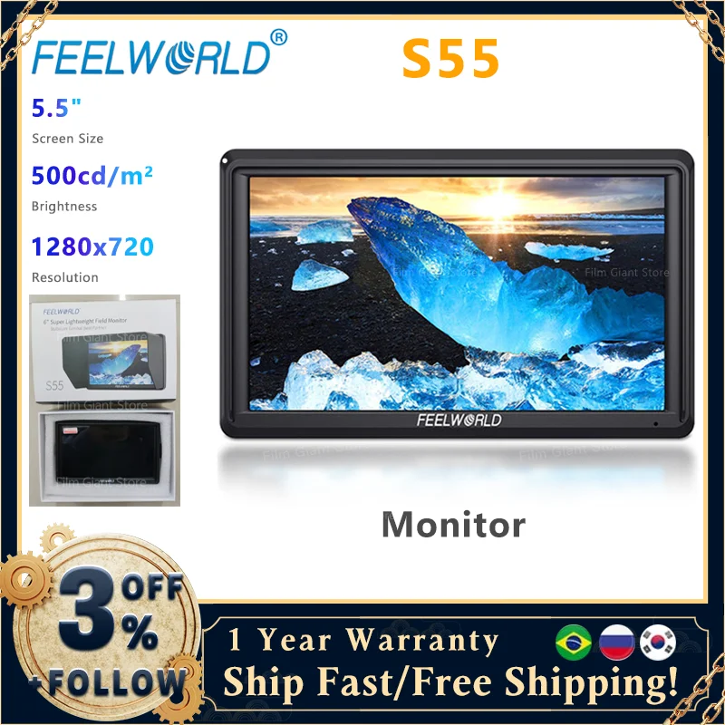 FEELWORLD S55 5.5 Inch IPS on Camera Field DSLR Monitor Focus Assist Support 4K HDMI-compatible Input DC Output Include Tilt Arm