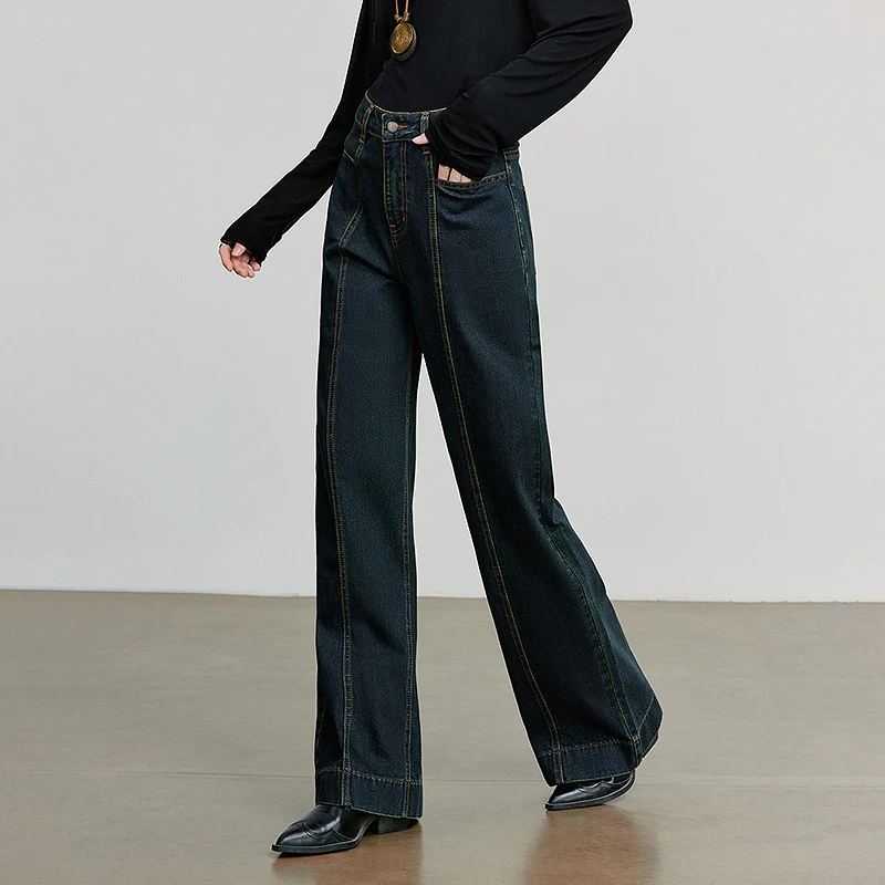 TOYOUTH جينز حريمي 2025 خريف جديد قطن سبليت تصميم واسع الساق الموز السراويل تفكيك السراويل الطويلة