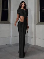 Nibber Irregular Hollow Dress Women Ruched Diagonal Collar Shorts Sleeve Waistless Slits Street Trend Temperament Long Bodycon - Image 4