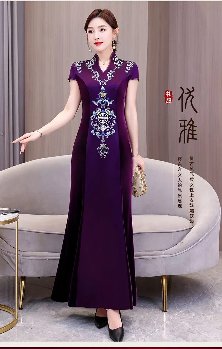 2024 chinese vintage dress improved cheongsam national flower embroidery satin patchwork velvet qipao banquet evening dress