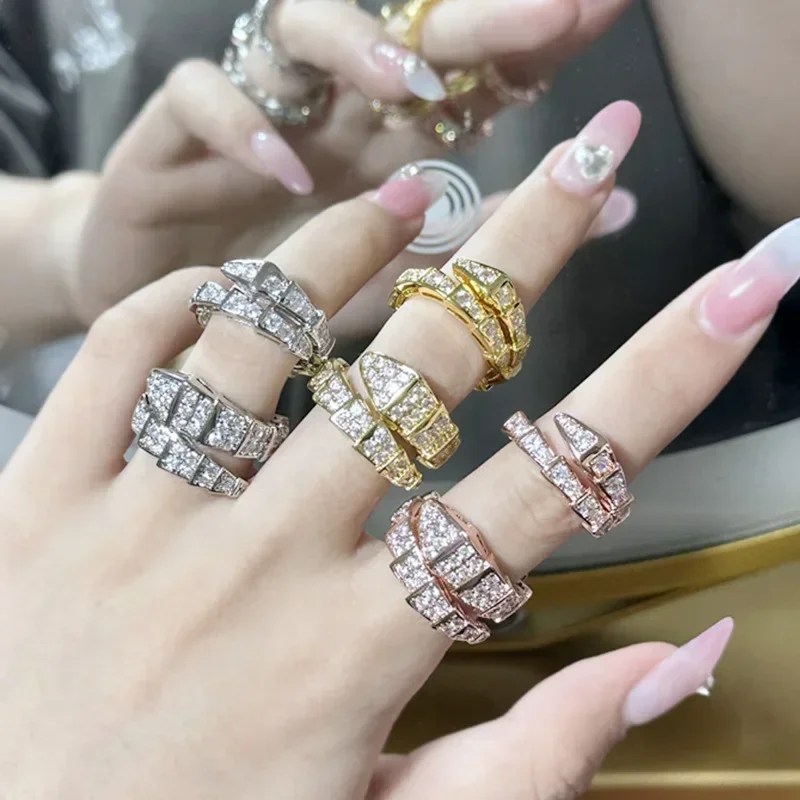 

MDL Moissa!ite Style Wide High-end Snake Snake Bone Full Diamond Ring 18K Gold Plated Light Luxury Seiko Brilliant Bone Ring