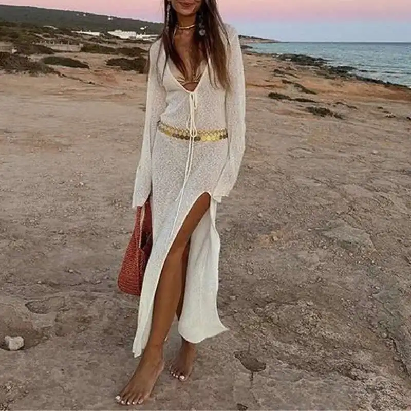 หญิง Holiday Beach COVER UP ชุดลําลองถัก V คอ Slim Maxi ชุดว่ายน้ําผู้หญิงเซ็กซี่มุมมองแขนยาว Robe ชุด