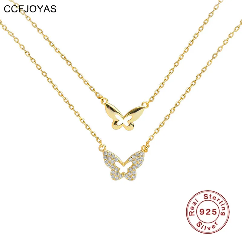 

CCFJOYAS 925 Sterling Silver Double Layer Butterfly Necklace for Women Simple ins Gold Silver color Clavicle Necklace Jewelry