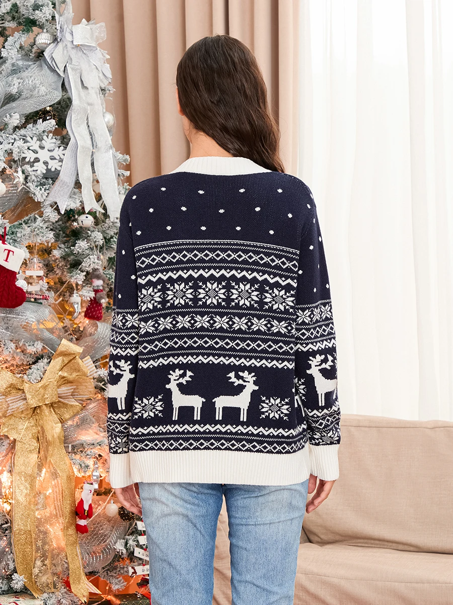 Women s Button Down Knit Cardigan Reindeer Snowflake Print Long Sleeve V-Neck Sweater Christmas Clothes