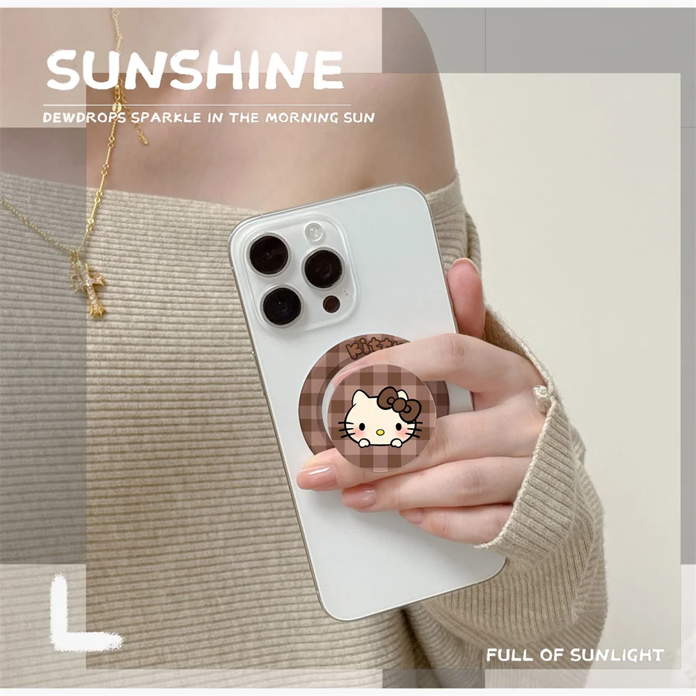 Cute and luxurious coffee colored checkered Kitty cat magnetic telescopic phone holder Magsafe portable magnetic holder birthday