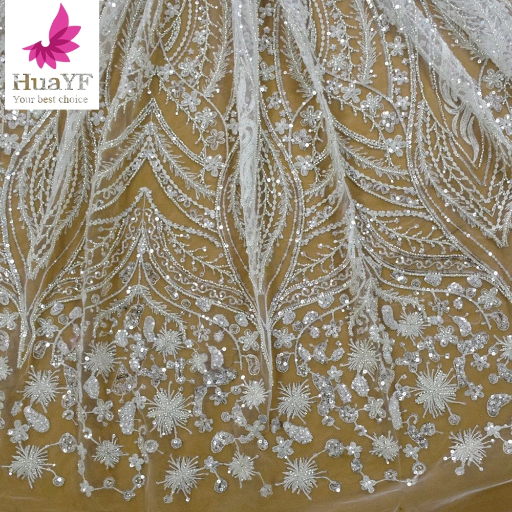 Silver White Embroidered Flowers Beaded For Womem Bridal Lace Fabric For Wedding HY1750-1