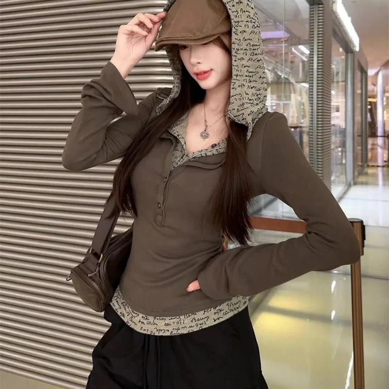 Spring Autumn New Fake Two Pieces T-Shirts Women High Street Hooded Long Sleeve Pullovers Button Contrast Color Patchwork Tops