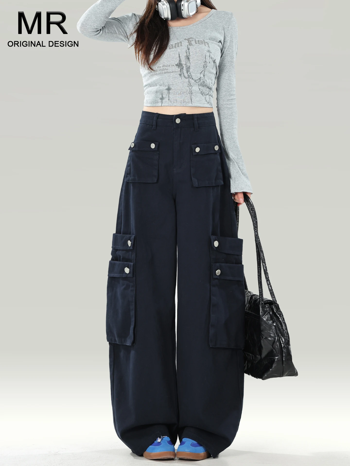 

American High Waist Multi Pocket Embellished Dark Blue Denim Jeans Women's New 2026 Summer Design Slim Straight Pants