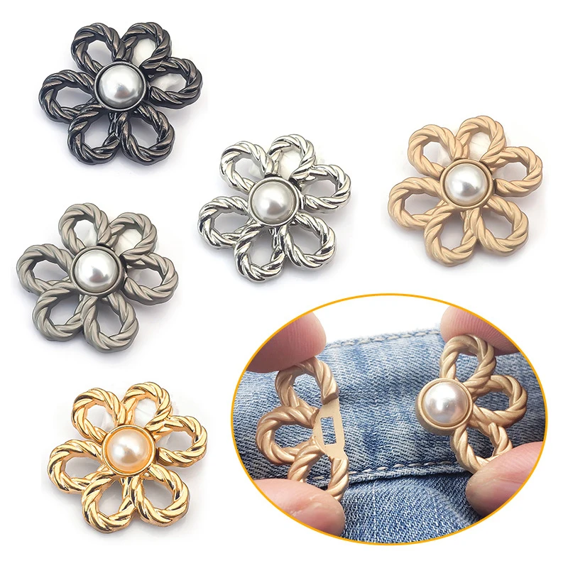 Tighten Waist Buckle Alloy Brooches Pins Clip Pearl Flower Adjustable Snap Button Jeans Buttons Detachable Clothing Accessories