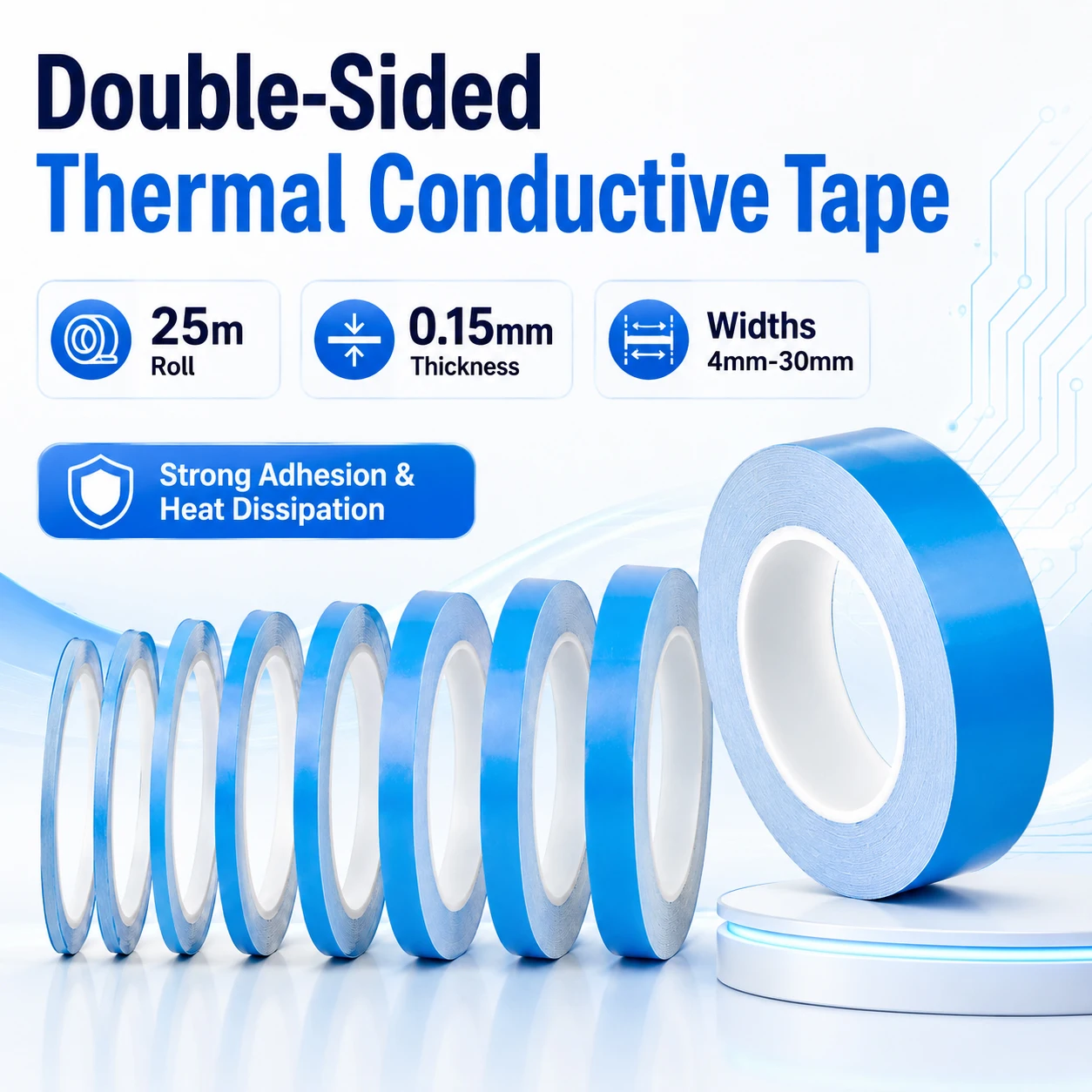 1-5 Rolls 25m Blue Double-Sided Thermally Conductive Adhesive Tape, High Heat Transfer Tape 5-30mm for IC Chip GPU Heatsink