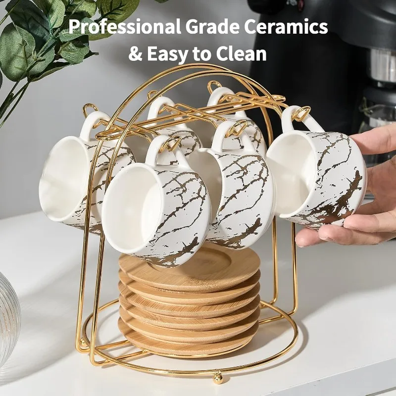 Ceramiczne filiżanki do espresso ze spodkami i metalowym stojakiem, małe porcelanowe filiżanki Demitasse o pojemności 4 uncji, zestaw 6 sztuk, urocze cappuccino