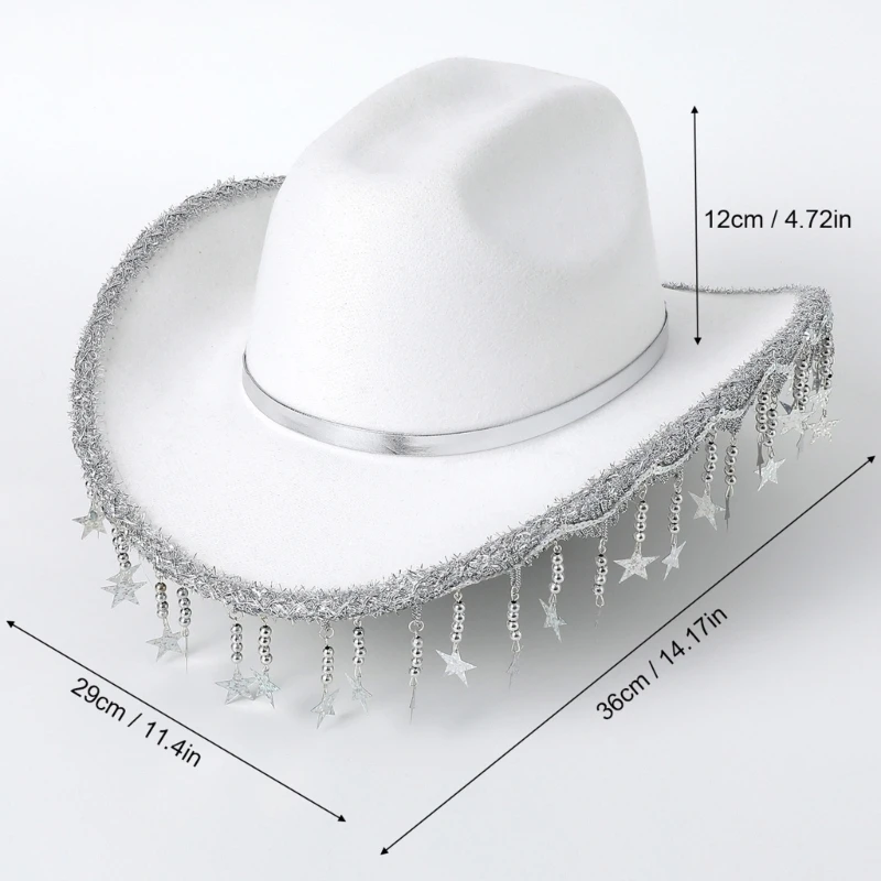 50JB Shimmering Cowboy Hats with Sequins Star Fringe for Proms Banquets Party Plain Color Cowboy Hats for Adult Taking Photo