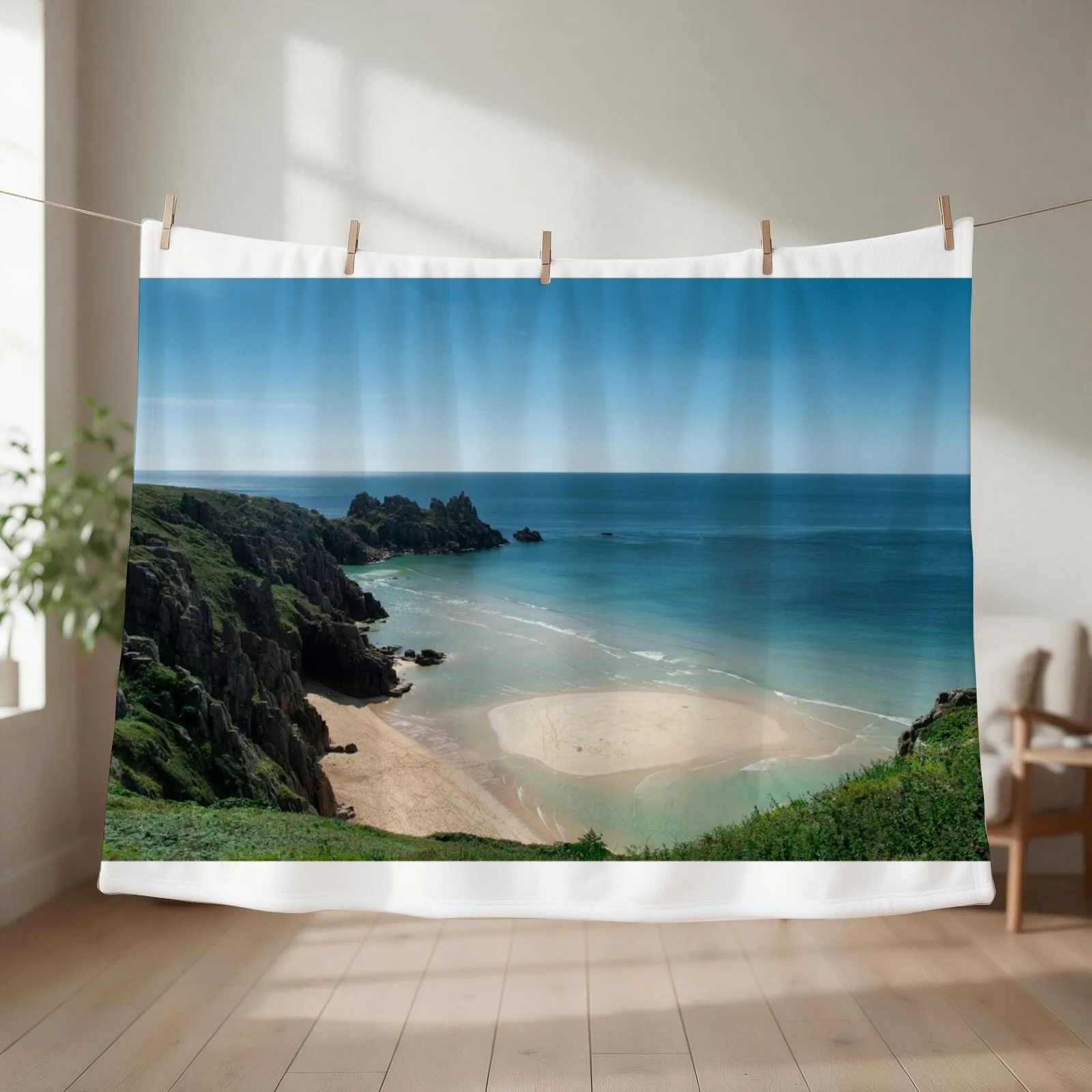 Pedn Vounder Beach Cornwall, Poldark film location, Throw Blanket couch cozy soft plush fuzzy picnic outdoor blanket