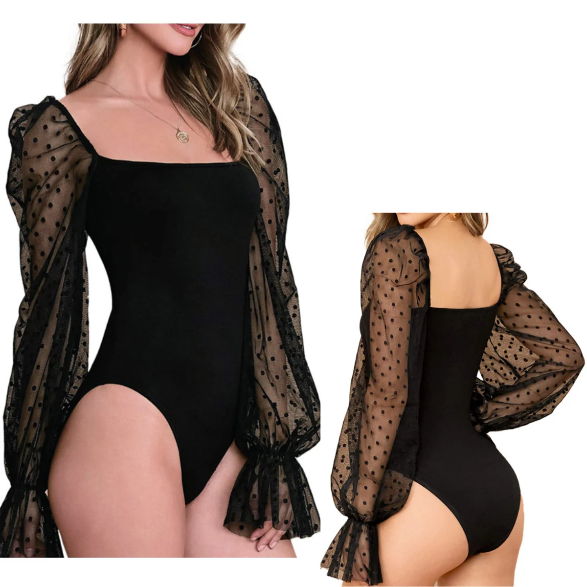 Sheer Point Mesh Long Sleeve Jumpsuits Women Colthes Tight Bodysuits Sexy Lingerie Slim Basic Shapewear Night Out Party Clothing