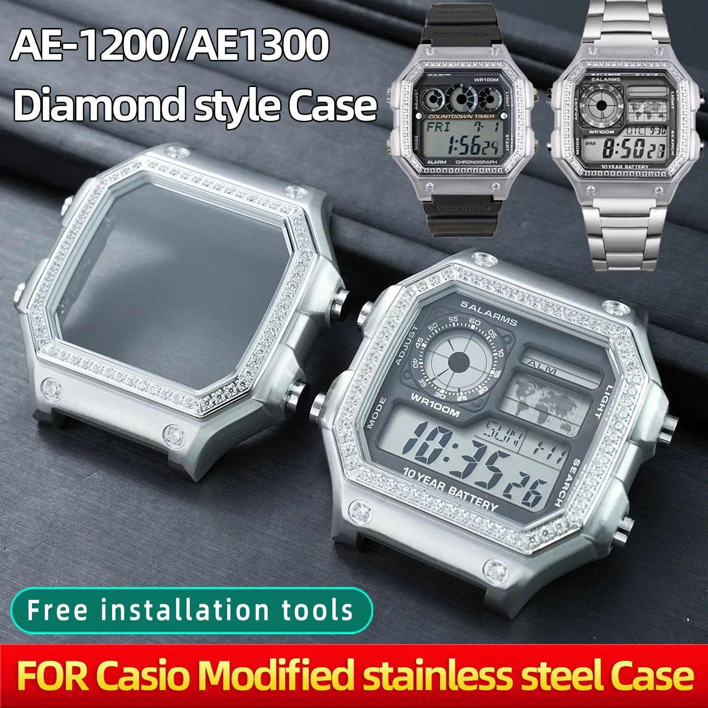 AE1200 Stainless steel modified case glass watch ring front cover baffle Bezel For Casio AE-1200 1300 Diamond style watch case