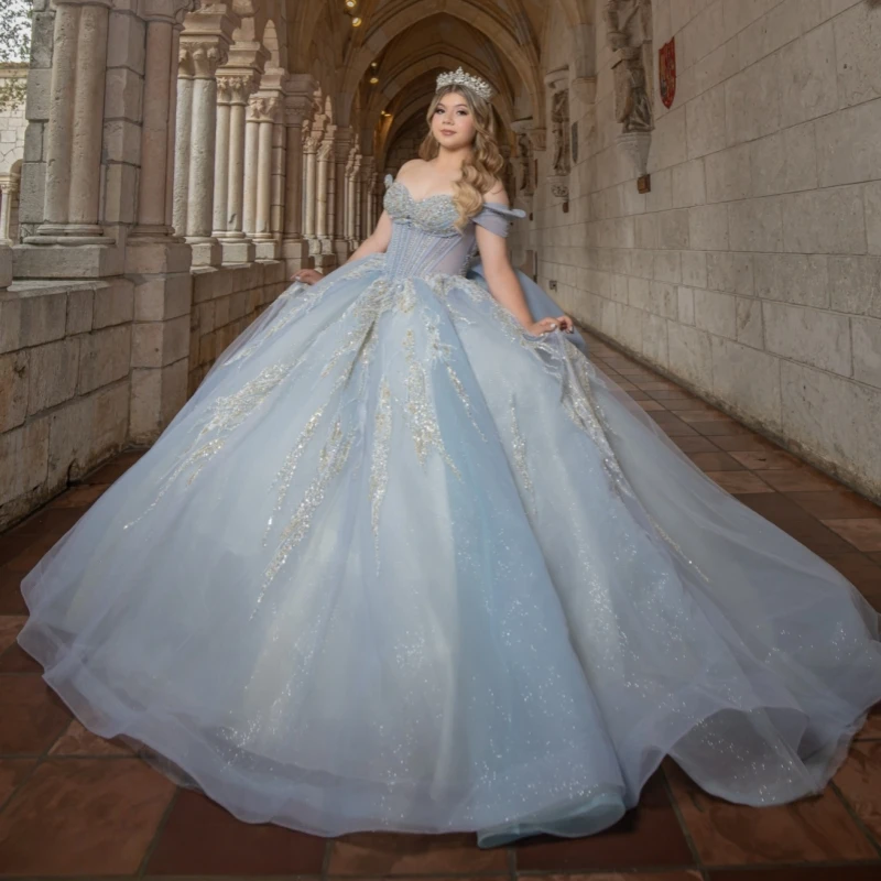 

Blue Shiny Quinceanera Dresses Ball Gown Off The Shoulder Sequin Applique Lace Beading Crystal Tull Corset Tull Sweet 16 Dress