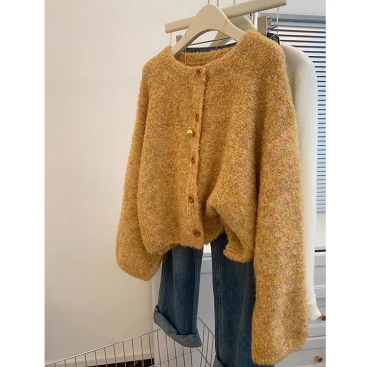 Sweaters Knit Women Solid Round Neck Buttons Spliced Jumpers Warm Thick Long Sleeve Straight Cardigan Sweater Autumn Winter