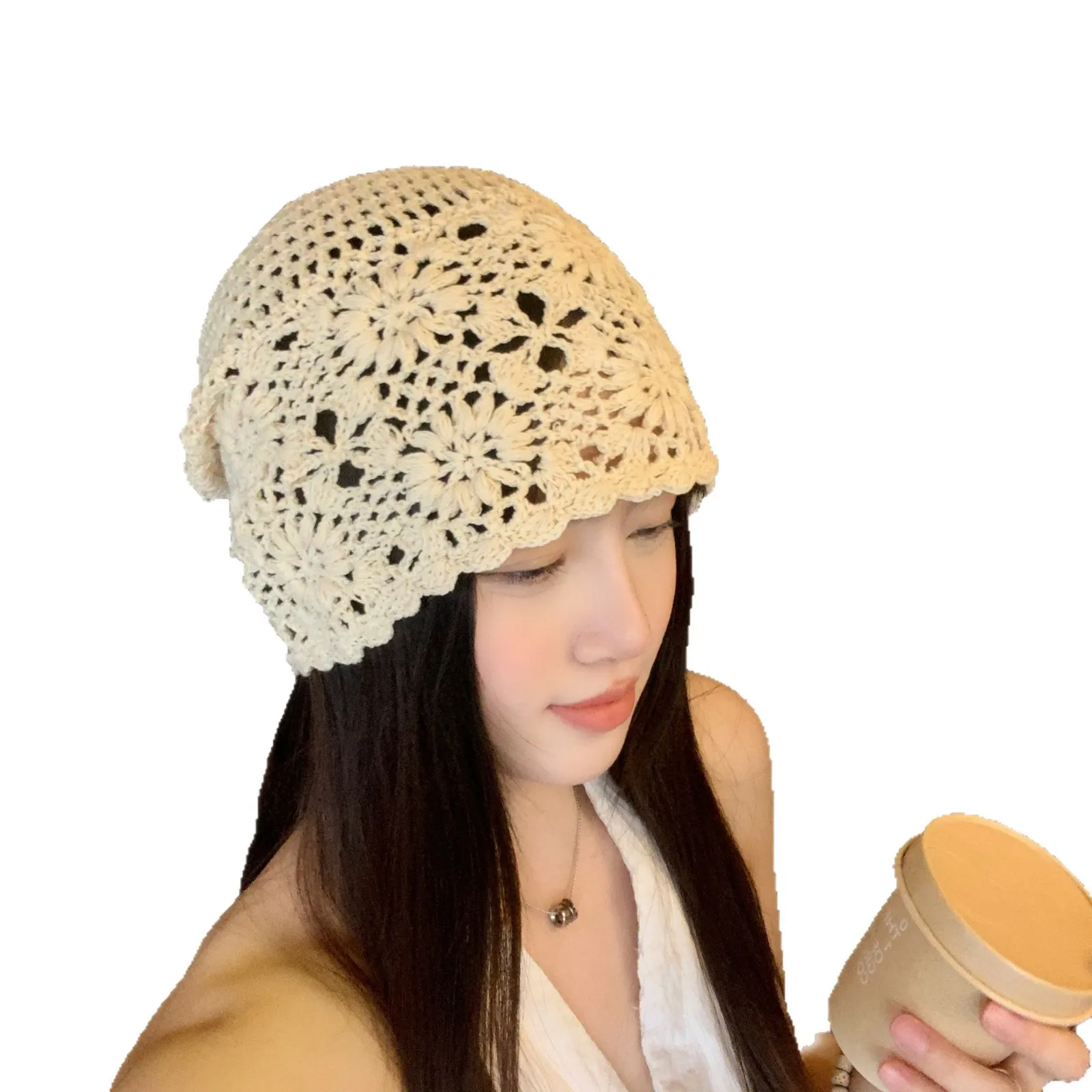 

hand-woven flower hollow knitted hat women's spring and autumn gentle retro face small pile hat