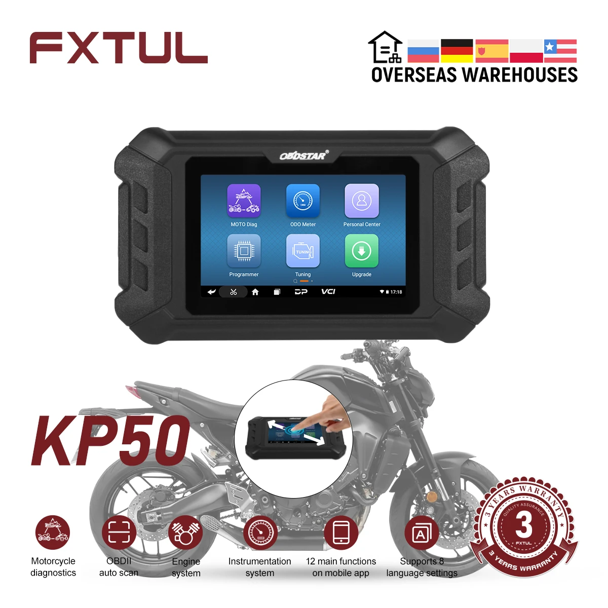 OBDSTAR KP50  Motorcycle Diagnostic Tool OBD2 Clear Fault Codes Scanner Support  For Yamaha/Suzuki/HONDA/Kawasaki/KYMCO/VESPA