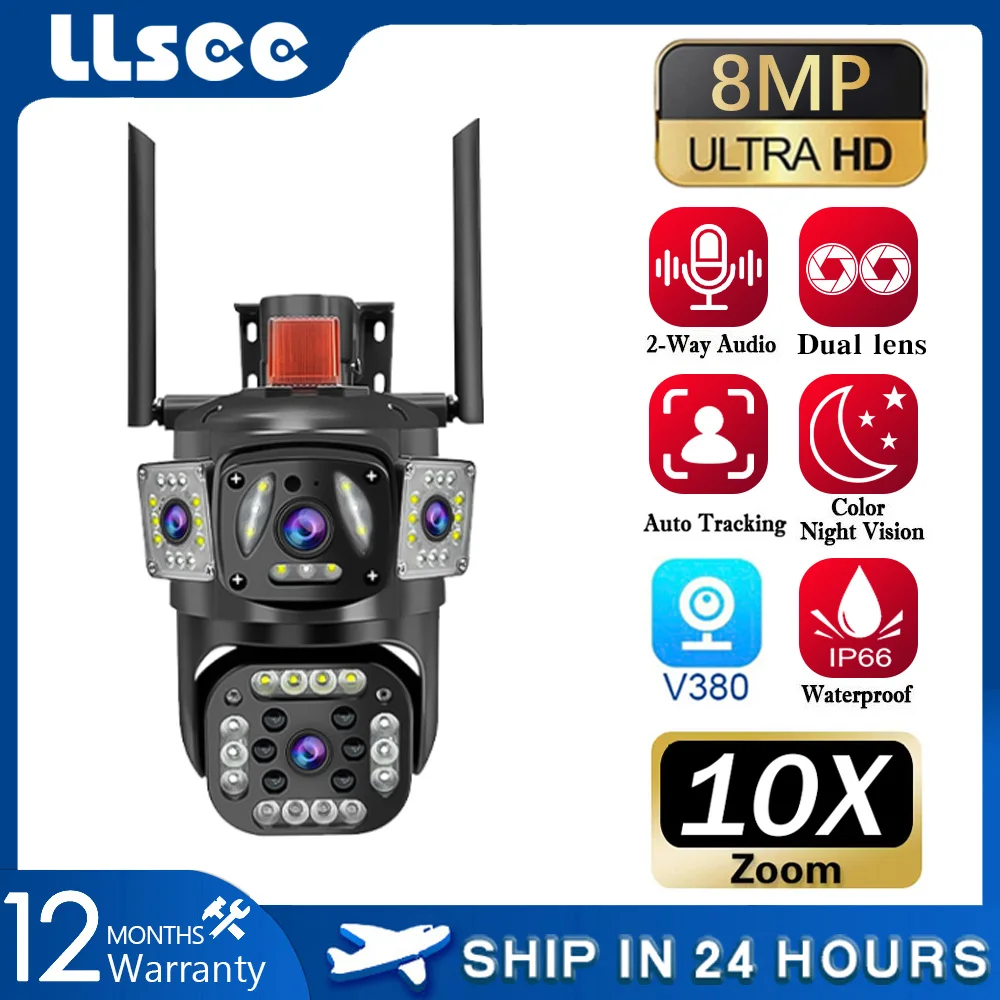 LLSEE CCTV camera V380,IP security camera CCTV,360,8MP,WIFI,outdoor waterproof belt alarm 360 pan tilt,CCTV dual lens camera