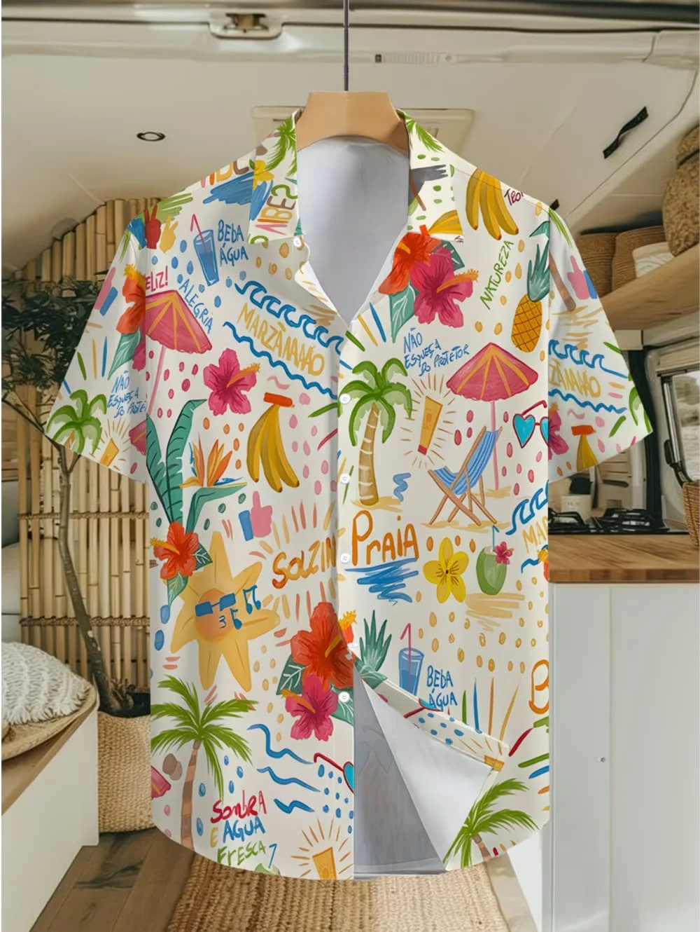 Fun Beach Surfing Little People Colorful Cabin Full Printed Short Sleeves for Men and Women Fresh Island Trend Current Shirt
