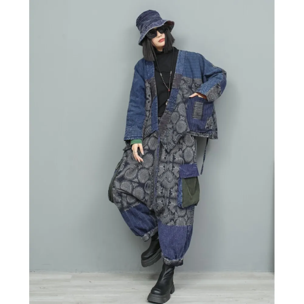 Artistic Printed Linen Patchwork Old Cloth Strap Cardigan Cotton Jacket + Cotton Pants Two-piece Set Women Winter ZF375