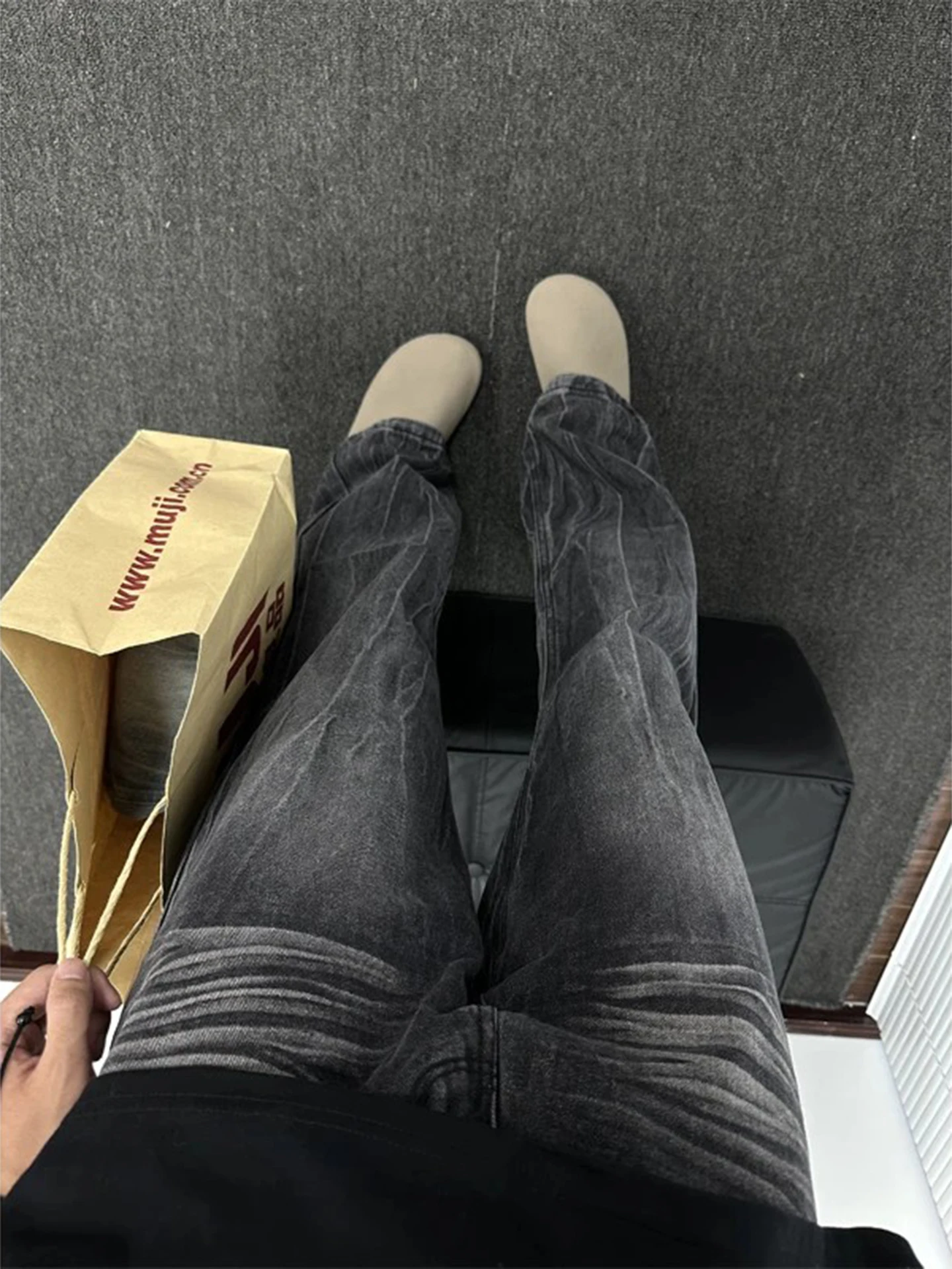 

Vintage Washed Black Lightning Pattern Men's Summer Thin Straight Leg Jeans Casual Loose Fit Durable Teenager High Waist