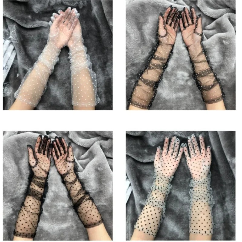 

Autumn Summer Women Gloves Stretchy Sexy Lace Short Tulle Full Finger Mittens Lotus Leaf Sheers Elegant Lady Driving Gloves
