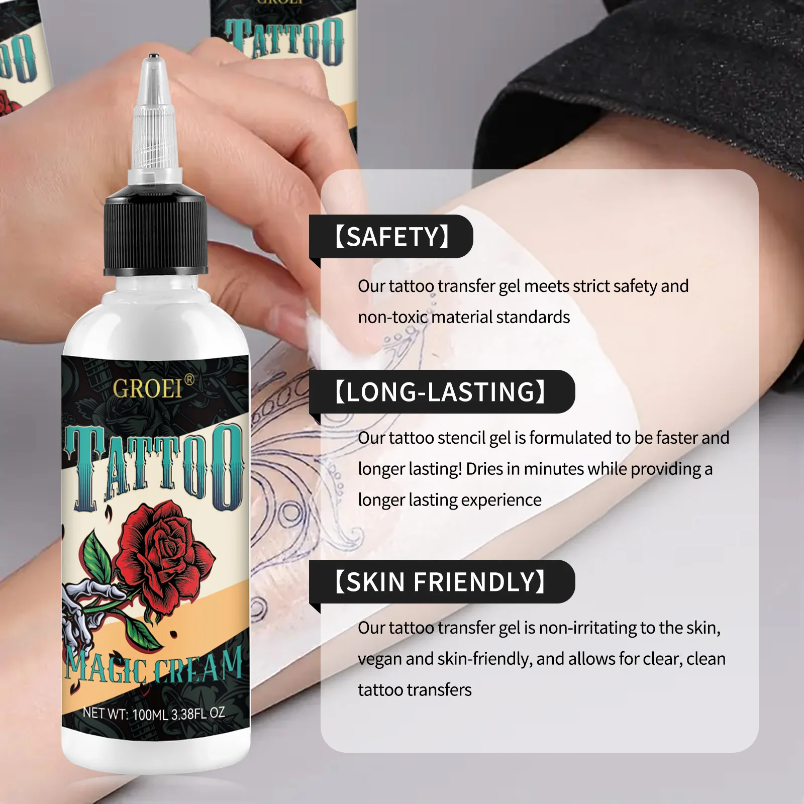 100ml タトゥーステンシル転写ジェル - 高速転写ボディアートタトゥージェル、長持ち&肌に優しい