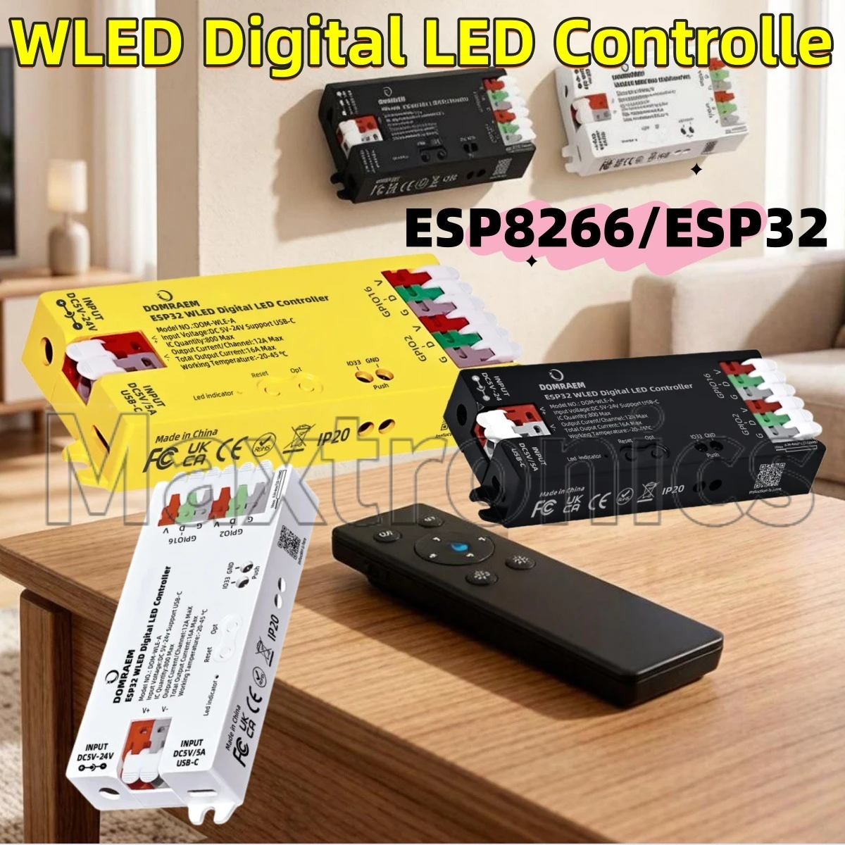 WS2814/12B/05/APA102 RGB IC Strips ESP8266/ESP32 USB-C WLED Digital LED Controller DOMRAEM 16A Fuse0.5W Standby With Mic & UART