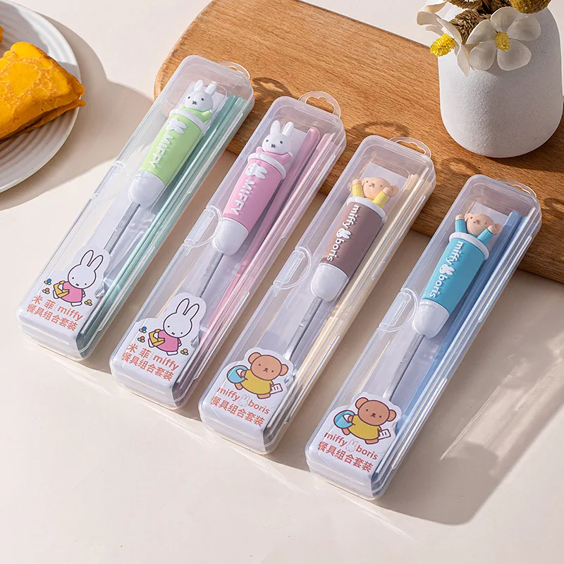 Kawaii ميفي أدوات المائدة الفولاذ المقاوم للصدأ ملعقة عيدان قطعتين مجموعة أدوات المائدة صندوق محمول للبنين والبنات هدايا عيد الميلاد