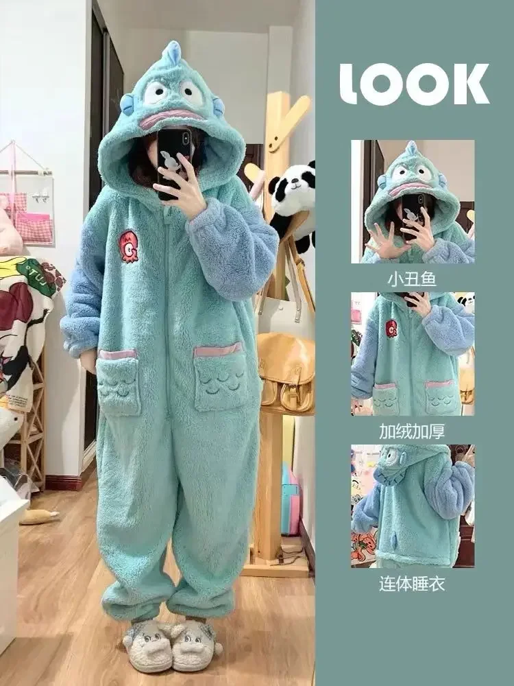 Cartoon Hangyodon Plush Siamese Pajamas Hooded Jumpsuit Pajamas Sanrioed Anime Kawaii Coral Velvet Homewear Thickened Nightgown