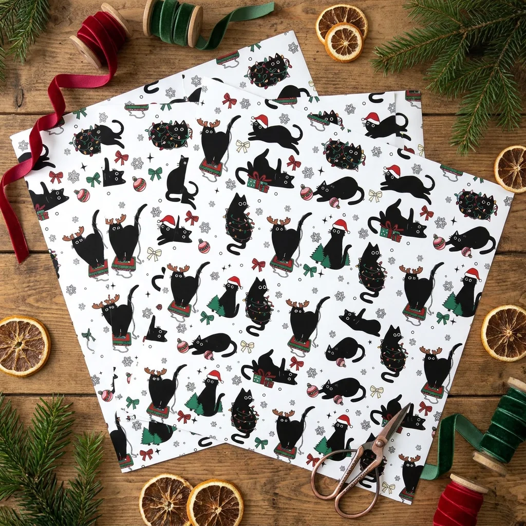 Christmas Wrapping Paper Black Cat Cute Santa Xmas Gift Wrap Paper Roll Holiday Party Gift Wrapping Decor for Cat Lovers - view 4