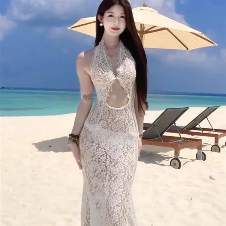 

Сексуальное макси-платье 2026 года в европейском стиле: нишевый дизайн, бикини-топ на бретельках, прозрачное, облегающее, с открытой спиной