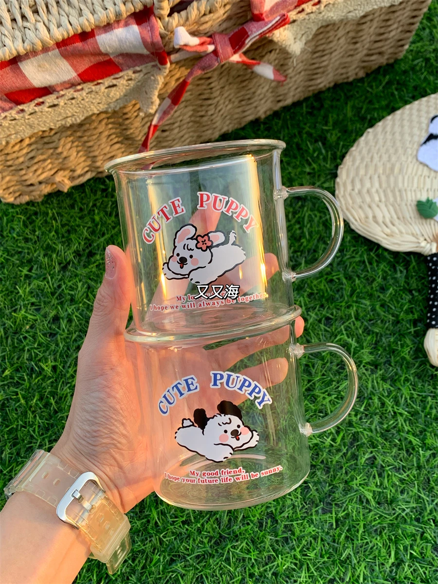 

Adorable Cartoon Puppy Glass Cup High Borosilie Heat Resistant Milk Cup Breakfast Cup Cute Design round ape Universal Use