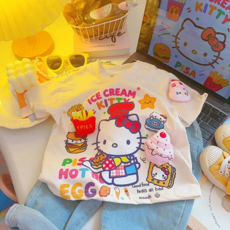 Ropa de Verano Sanrio 2026 para Niñas, Camisetas con Estampado de Hello Kitty, Lindas Camisetas de Manga Corta con Dibujos Animados para Niños