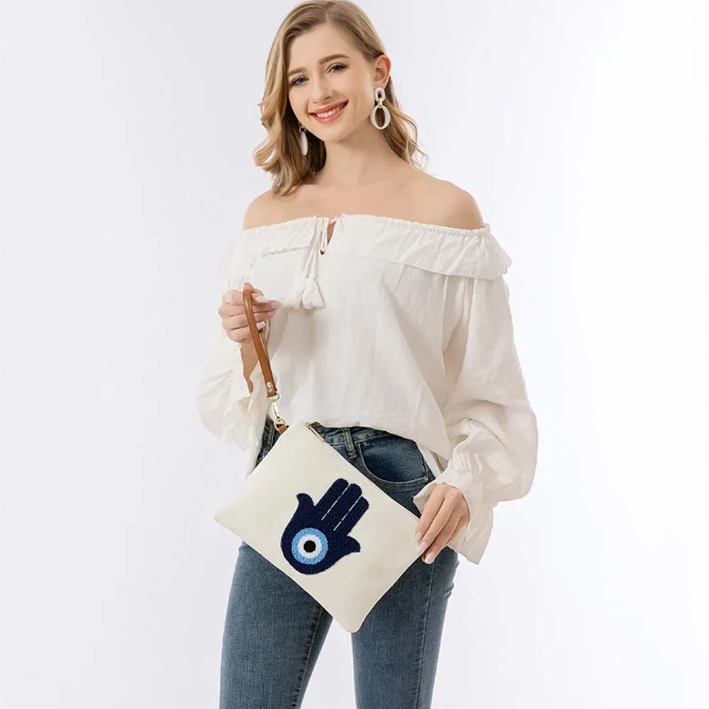 Embroidered Demon Eye Crossbody Bag Detachable Shoulder Strap PU Rope Blue Eye Handbag Soft Palm Pattern Cotton Shoulder Bag