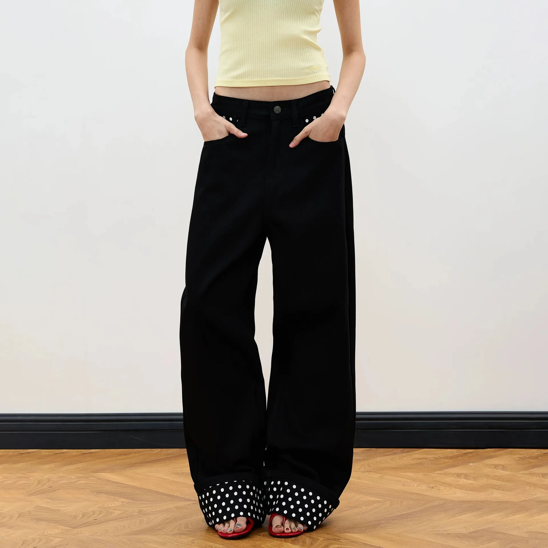 Polka Dot Straight Jeans for Women Korean Style Flanging Design Loose Casual Denim Pants 2026 New Fashionable Versatile Trousers
