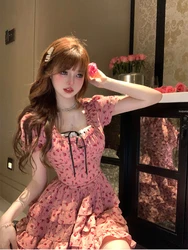 Summer Sweet Spicy Girl Princess Dress Woman French Elegant Floral Y2k Mini Dress Party Cute One Piece Dress Korean Fashion 2024