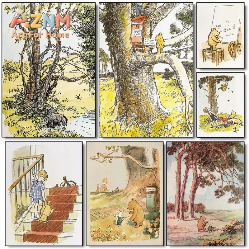 Retro Cute Teddy Bear and His Friend Series Poster Print Canvas Pictures Home for Children's Room Wall Decor Frameless Painti