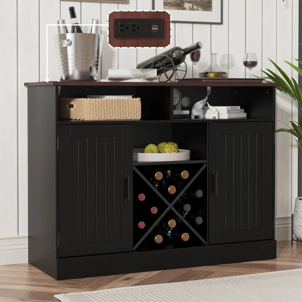 Farmhouse Coffee Bar Cabinet with Prower Outlets, Rustic Liquor Cabinet with Wine Rack, Wooden Wine Cabinet for Dining Room