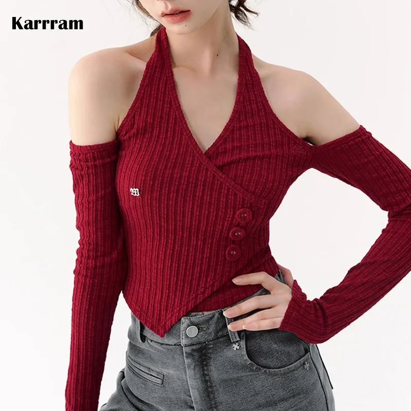 Karrram Sexy Red Irregular Crop Tops Women Halter Off Shoulder Knit Tee Shirts Korean Fashion Designer Clothes Streetwear Spring