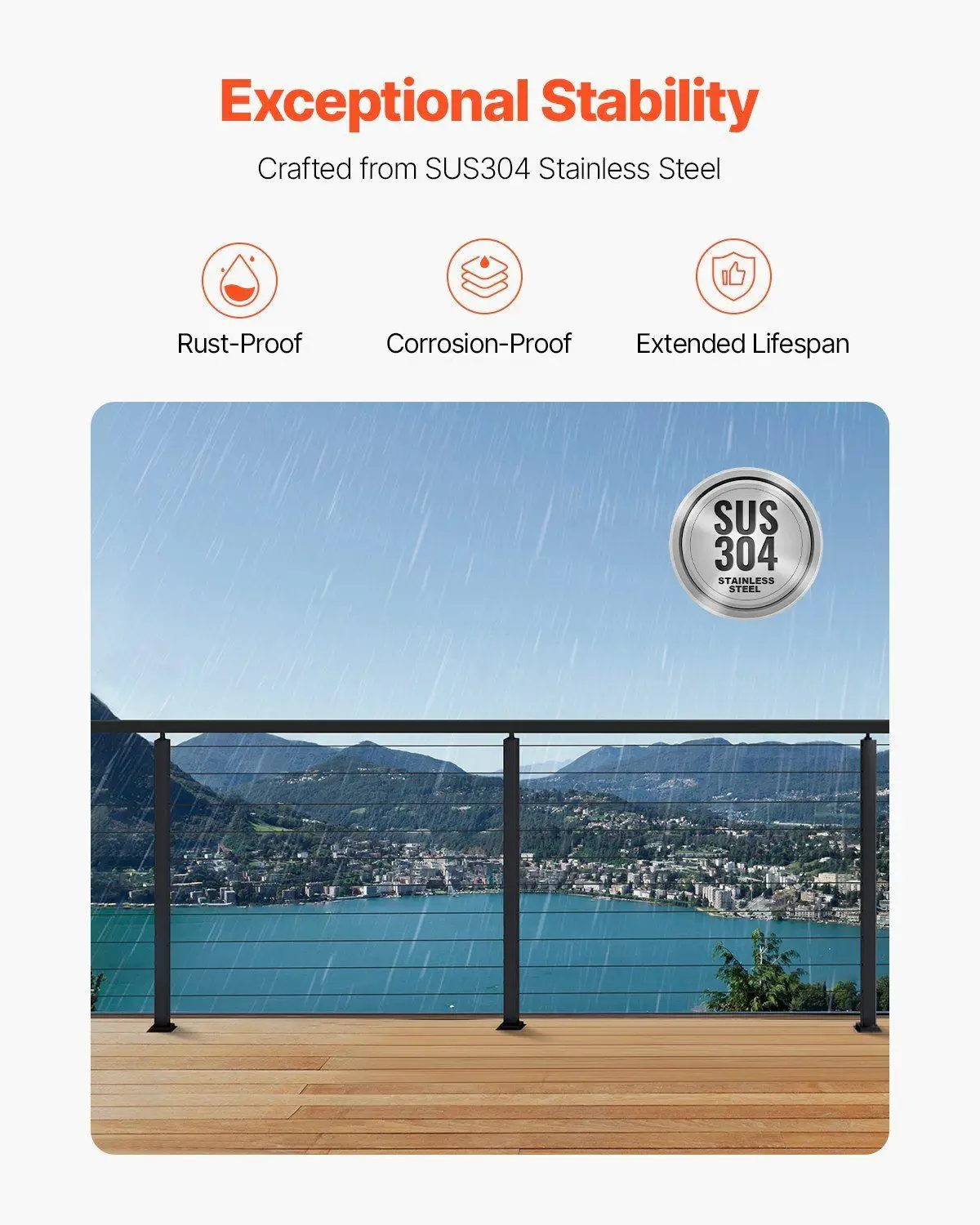 عمود سكة كابل 36 × 1 × 2 بوصة للطوابق مع دعامة تثبيت للطائرات مع لمسة نهائية سوداء من الفولاذ SUS304