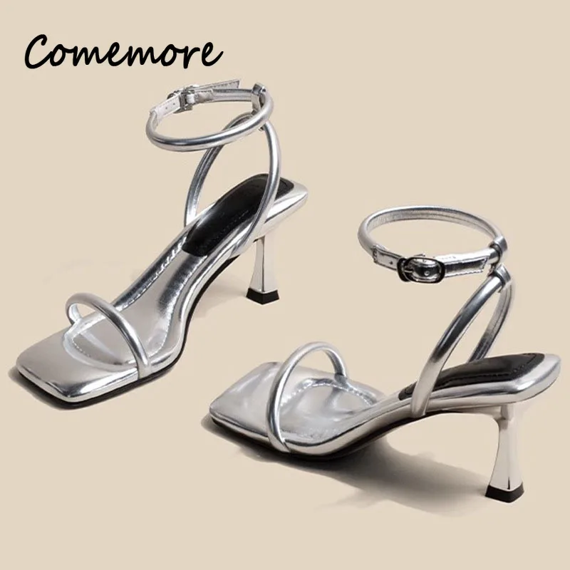 Black Ankle-Strap Buckle Sandal Summer Square Toe Ladies Stiletto High Heel Shoes Sexy Solid Thin Band Sandalias De Mujer Verano